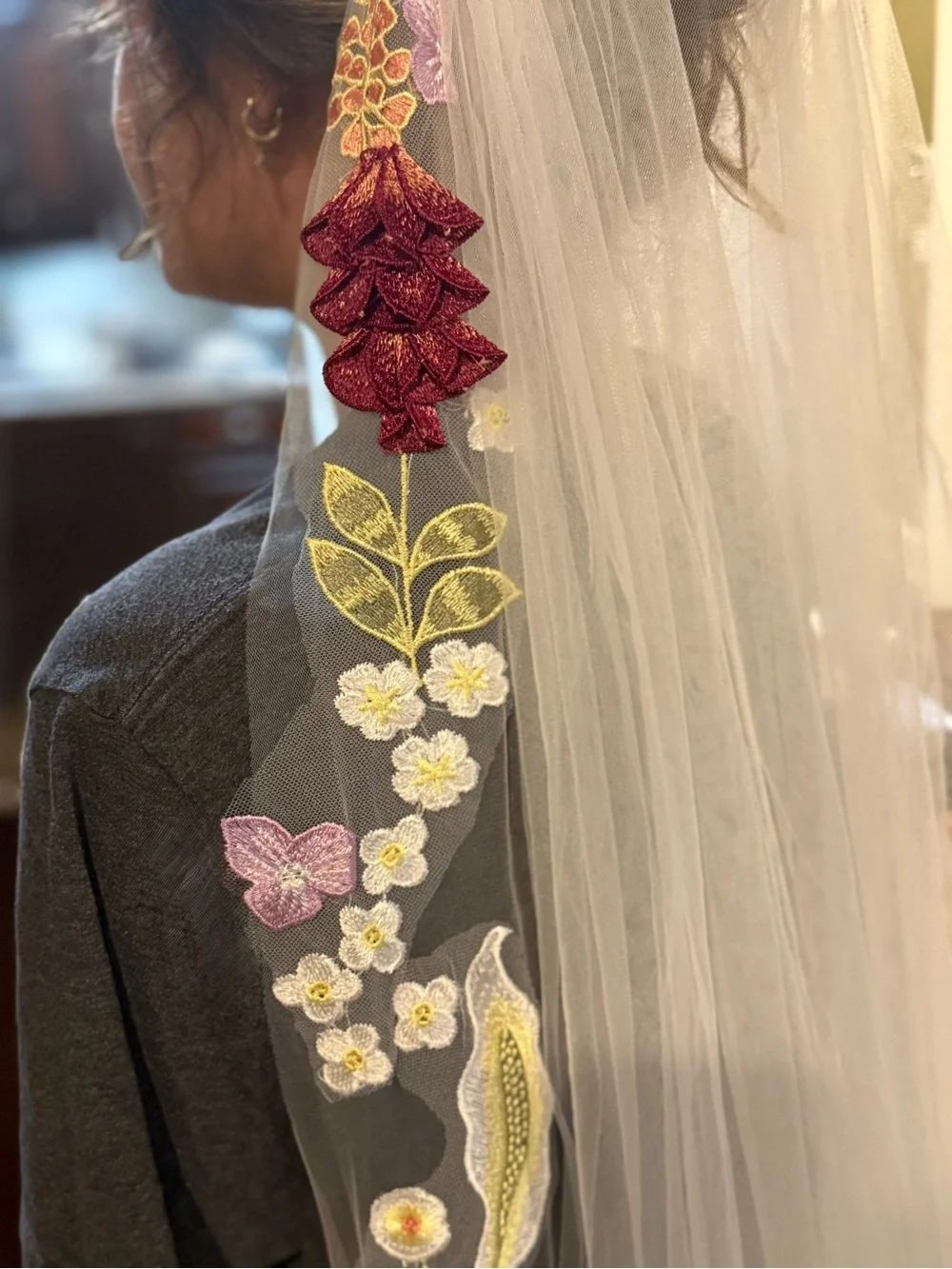 Floral Embroidered Cathedral Veil with Burgundy & Lilac Accents